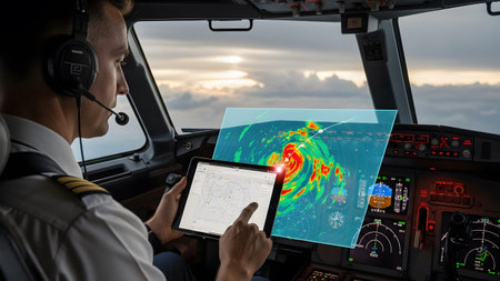 Pilot in cockpit interacting with a holographic weather display showing a storm. Clear details an...