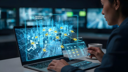 Woman uses laptop with holographic city map showing vehicle locations and routes Clear details an...