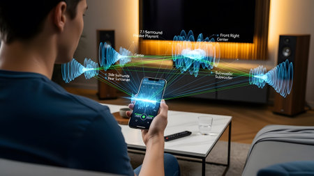 Person uses smartphone to control surround sound system with AR visualization of audio channels.