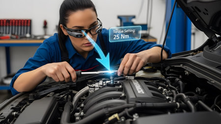 Mechanic wearing AR glasses views torque setting overlay while working on car engine. Clear detai...