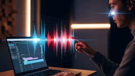 Man touches holographic audio waveform displayed on a laptop screen Clear details and vibrant col...