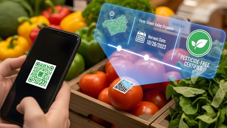 Smartphone scans QR code on tomatoes displaying pesticide-free certification information.