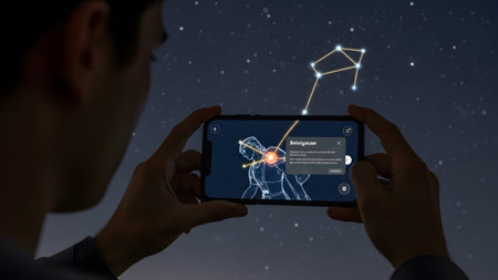 Person uses a smartphone app to identify the constellation Betelgeuse in the starry night sky.