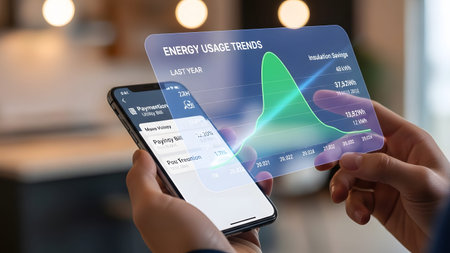Person analyzes energy usage trends on smartphone and holographic display Clear details and vibra...