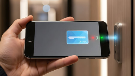 Smartphone displaying digital key card interface for hotel room access, scanning a door lock.