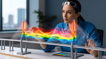 Woman engineer visualizing energy flow on a bridge model with colorful light effects and a tablet.