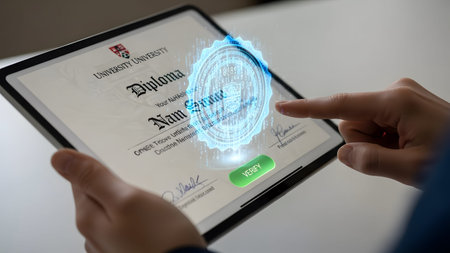 Hand touching tablet displaying digital diploma with holographic seal and verify button Clear det...