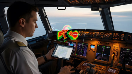 Pilot in cockpit reviewing storm data on tablet and holographic display. Clear details and vibran...