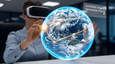 Person in VR headset manipulates a holographic Earth displaying global shipping routes. Clear det...