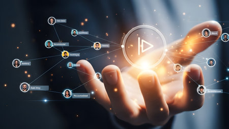 Hand holding a glowing play button with a network of user connections. Clear details and vibrant ...