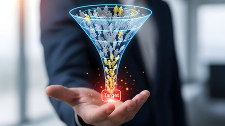 Hand holding sales funnel with people icons flowing towards a target symbol. Clear details and vi...の写真素材