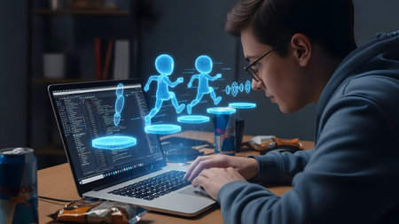 Teenager coding video game characters on a laptop with holographic display. Clear details and vib...