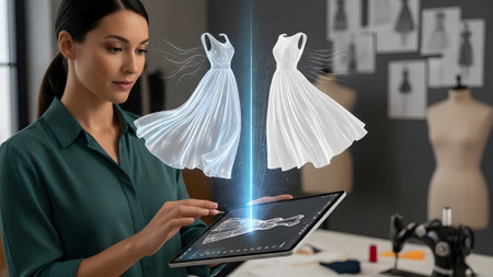 Woman designer reviews holographic dresses on a tablet in a sewing studio Clear details and vibra...