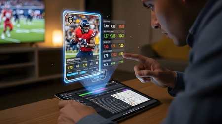 A person views a holographic sports trading card displaying player statistics on a tablet.