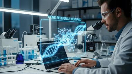 Male scientist in lab coat uses laptop with holographic DNA display showing gene sequence...