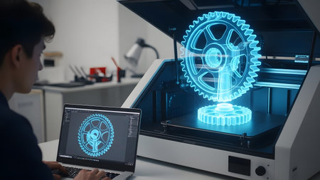 Young man uses laptop to control 3D printer projecting holographic gear. Clear details and vibran...
