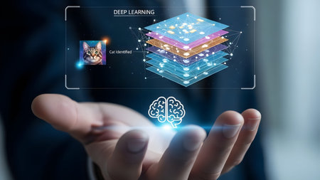 A man's hand holds a glowing brain icon and a deep learning neural network interface. Clear detai...