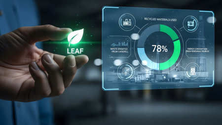 Hand holds a glowing leaf icon next to a holographic display of sustainability data. Clear detail...