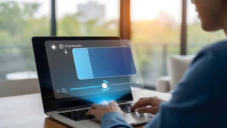 Person interacts with holographic display on laptop, adjusting settings with keyboard input.