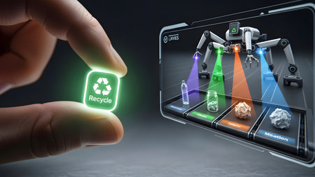 Hand holds recycle icon near a holographic display of a robot sorting waste materials. Clear deta...