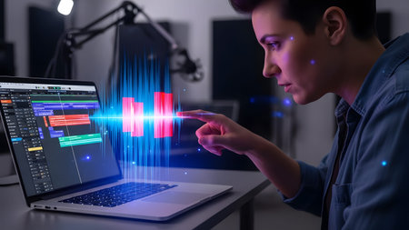 Man interacts with holographic audio waveform in a studio setting Clear details and vibrant color...