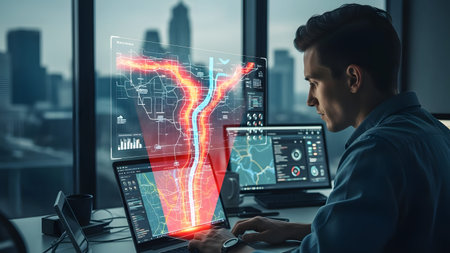Person uses a laptop displaying a holographic traffic map with data and charts. Clear details and...