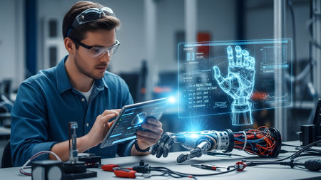 Technician works on robotic hand with holographic schematics and tools in a workshop. Clear detai...