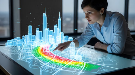 Woman points at glowing holographic city model on interactive table. Clear details and vibrant co...