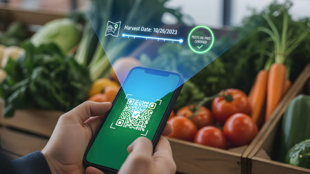 Smartphone scans QR code on produce at grocery store showing harvest date and certification.