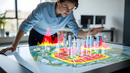 Woman examines holographic city model with foot traffic heatmap and building data. Clear details ...