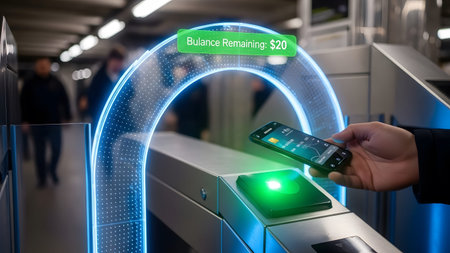Person paying at subway turnstile using smartphone with glowing augmented reality display.