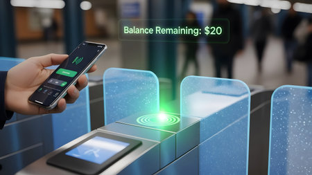 Smartphone held near gate for contactless payment at public transport with balance displayed