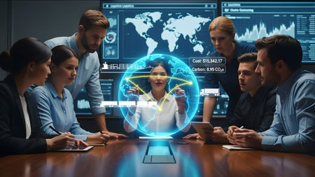 Business team collaborates around a table viewing a holographic global logistics and carbon...