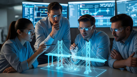 Diverse team of engineers examine a holographic bridge model with glowing blue lines. Clear detai...