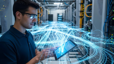 Engineer in server room holding tablet with blue digital data streams Clear details and vibrant c...