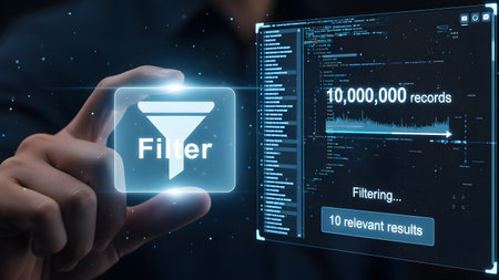 Finger touching a glowing filter icon on a digital interface showing data filtering Clear details...の写真素材