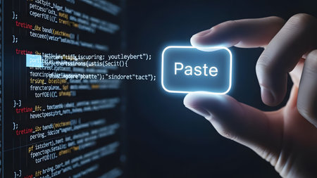 A close-up of a finger pressing a glowing paste button on a dark screen with computer code.