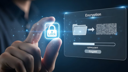 Finger touches glowing lock icon on digital screen with data encryption and file transfer.