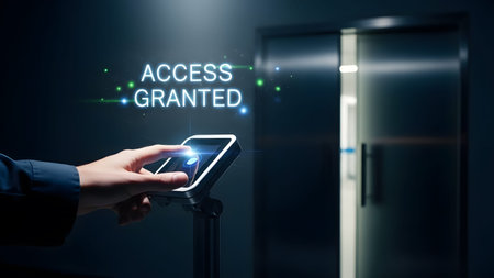 Hand touching access control panel with text 'ACCESS GRANTED' and open elevator doors Clear detai...