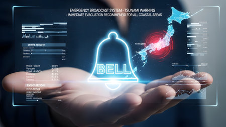 Holographic display shows a tsunami warning for Japan with evacuation information and a bell icon.