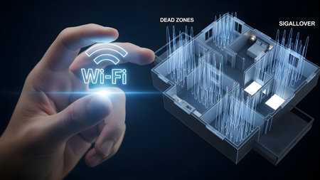 Finger touches Wi-Fi symbol over a house floor plan showing signal coverage and dead zones.