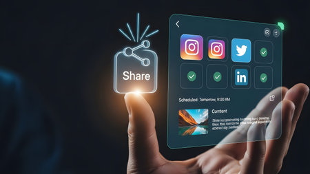 Finger touching holographic share icon with social media platform selection Clear details and vib...