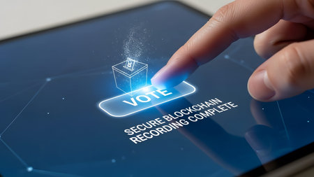 Finger touches VOTE button on screen with blockchain voting icon and network lines. Clear details...