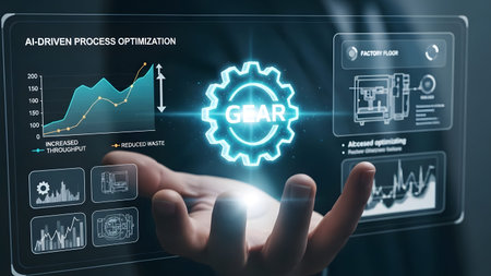 Futuristic interface displays AI driven process optimization with graphs and a glowing gear.