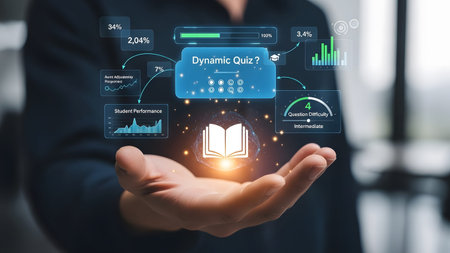 Hand holding a glowing digital book with learning analytics and data visualizations. Clear detail...