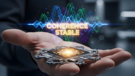 Hand holding a futuristic microchip with a glowing data visualization above it. Clear details and...