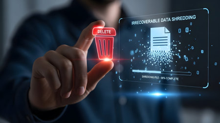 Finger presses delete button on trash can icon for irrecoverable data shredding Clear details and...