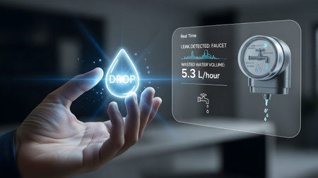 Hand displays glowing water drop and digital interface showing leak detection data. Clear details...