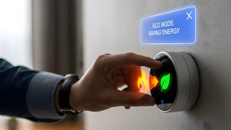 Hand adjusting a smart thermostat to eco mode with flame and leaf icons displayed. Clear details ...