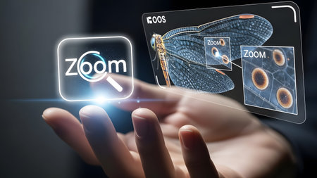 Hand holds holographic display showing magnified dragonfly wing detail and zoom icon. Clear detai...